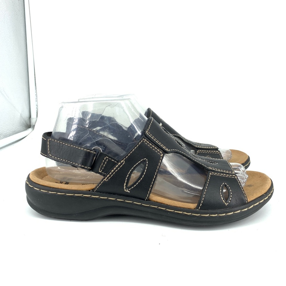 Clarks Women 8 Sandals Black Faux Leather Slides Flip Flops Shoes Adjustable